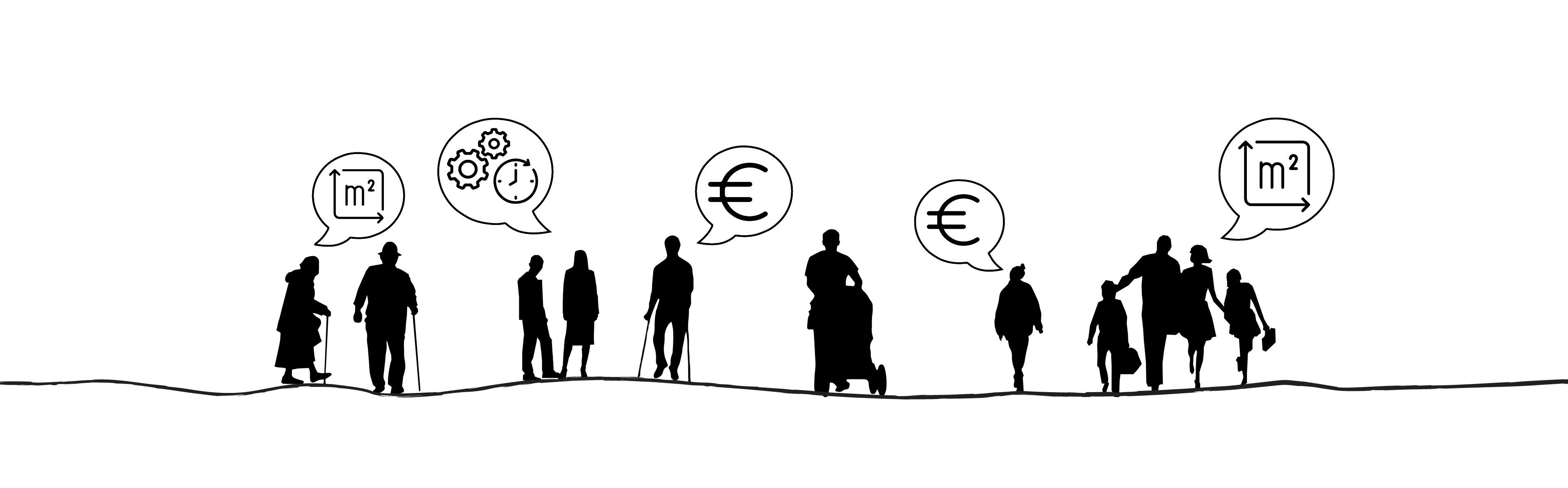 Schattenrisse von verschiedenen Menschen mit Gedankenblasen in denen Motive abgebildet sind, die für die Energiegemeinschaft bedeutend sind, wie "Euro", "Quadratmeter" und "Zeit".